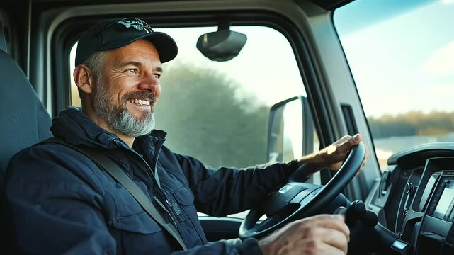 joyful professional truck driver behind the wheel, making eye contact with the camera, showcasing his satisfaction and expertise in driving