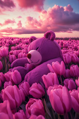 Obraz premium a large field of pink tulips, a giant plush toy bear sleeping on top of it, sky with pink and purple clouds