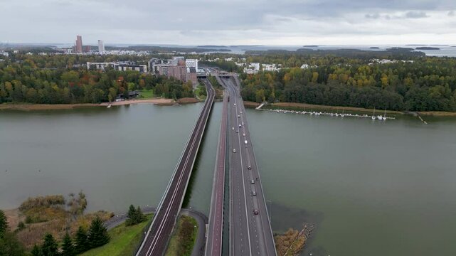 aerial view of Puotilan silta, or Puotila Bridge, would show its location in the Puotila area of eastern Helsinki, Finland.