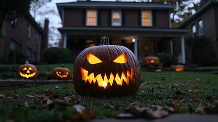 A photo of an ominous jack-o'-lantern with glowing eyes and sharp teeth, sitting on the lawn in front of a house at dusk