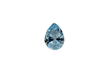 Aquamarine blue faceted pear cut stone mineral macro photography on white isolated background...
