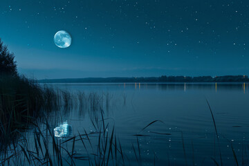 A large moon is reflected in the water of a lake