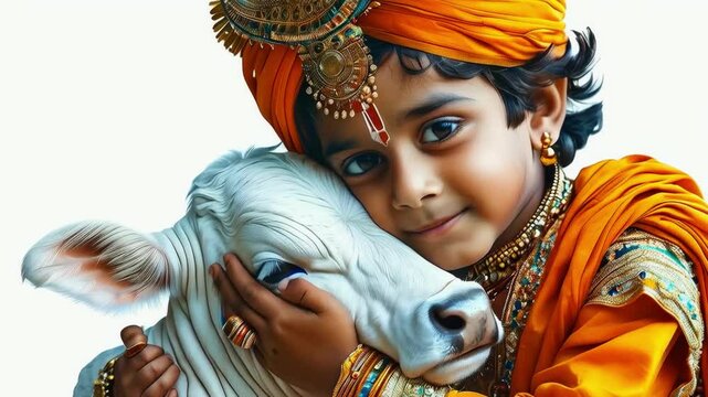 Tender Embrace of Krishna: Boy dressed as Lord Krishna in traditional Indian attire tenderly hugging a calf, love, beauty and serenity