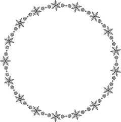 Snowflake circle frame. Winter snowflake round border.