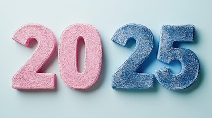 Colorful representation of the numerical year 2025 with the digits 20 in pink and 25 in blue on a gradient background