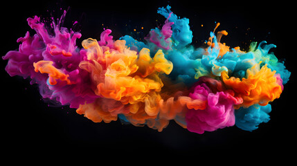 Dynamic Color Burst: Vibrant Clouds of Colorful Pigments on Black Background