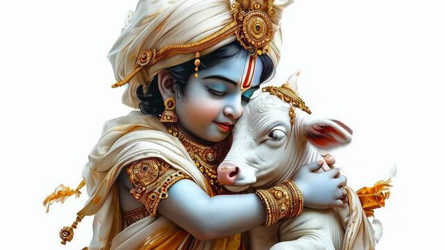 Tender Embrace of Krishna: Boy dressed as Lord Krishna in traditional Indian attire tenderly hugging a calf, love, beauty and serenity