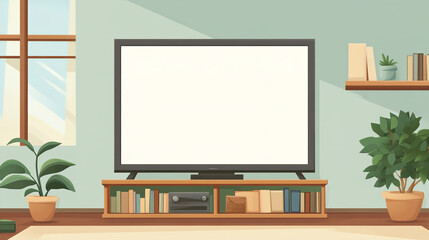 Background is living room, There is a a big TV on the Shelf