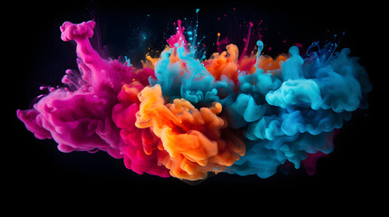Dynamic Color Burst: Vibrant Clouds of Colorful Pigments on Black Background