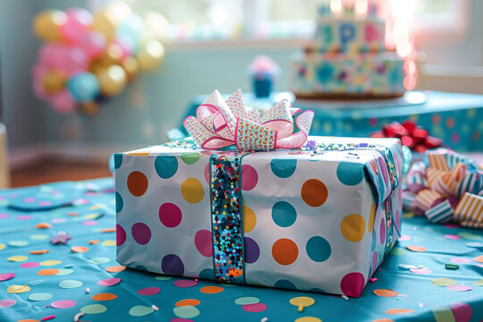 A colorful box with a bow on top sits on a table