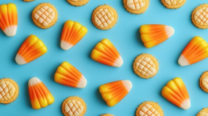 Fototapeta premium Delicious candy corns and cookies on a blue background closeup