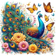 Fototapeta premium Flowers and a peacock surround a peacock golden with colored roses 