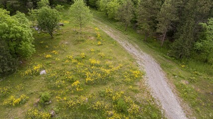 Fototapeta premium Vibrant wildflowers bloom beside a winding dirt path in a serene landscape during spring