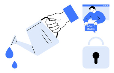 Watering can, man holding cash back sign, and padlock symbol in a minimalistic style. Ideal for finance, investment, savings, growth, security. Blue and white colour scheme with flat vector graphics