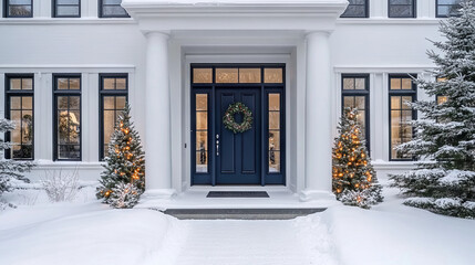 A snowy front porch of a home decorated with a Christmas wreath on the door and lit holiday trees, creating a cozy and festive winter atmosphere.
