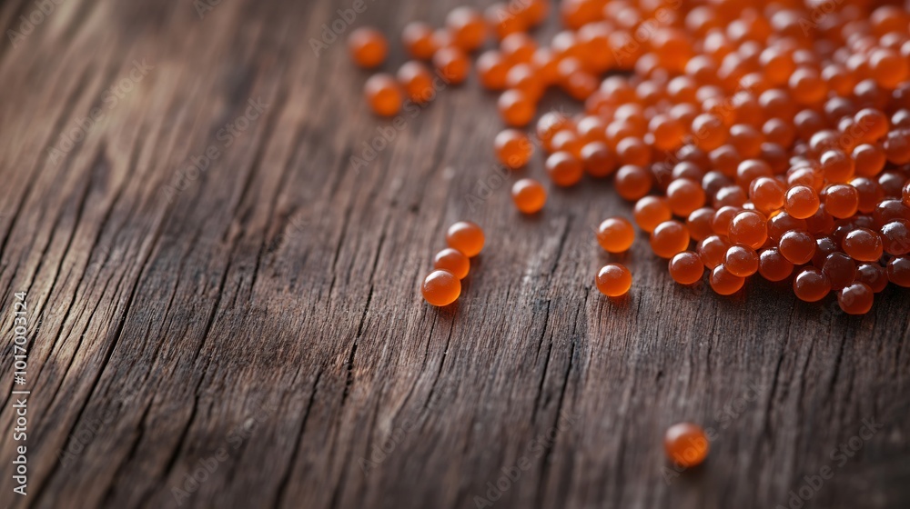 Wall mural close up of red caviar pearls, isolated on a polished dark wood background with minimalist decor