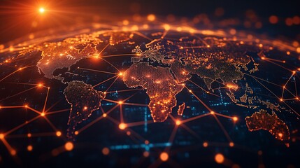 Illuminated World Map with Interconnected Network Lines