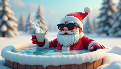 Adorable Santa 3D model, in sunglasses, relaxes in a steaming hot tub with a cup of hot and delicious cocoa. Surrounded by a snowy landscape, he embodies holiday bliss. Christmas, winter wallpaper