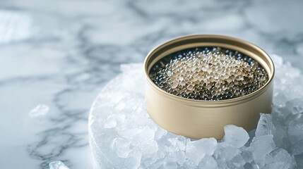 Tin of caviar nestled in crushed ice, isolated on a white marble surface with soft blue highlights