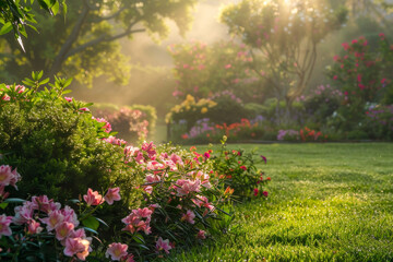 Fototapeta premium A garden with a lot of pink flowers and green grass