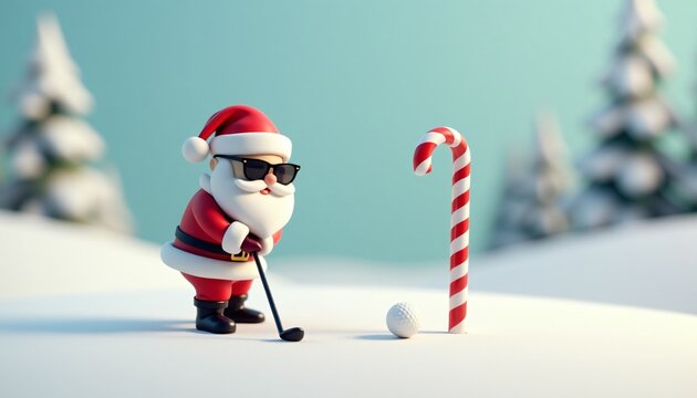 A cute Santa 3D model, wearing sunglasses, playing golf on a snowy course, preparing to hit a candy cane as the golf ball, focused on his swing. On a plain background