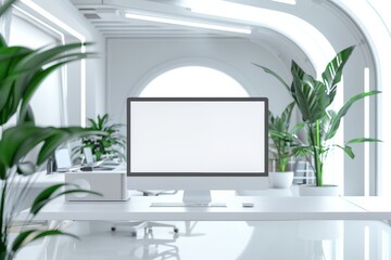 White monitor screen in a high-tech office environment, perfect for adding creative designs