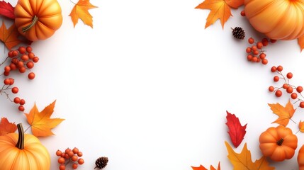 Fototapeta premium Thanksgiving border featuring an arrangement of pumpkins, autumn berries, and maple leaves in bright fall colors.