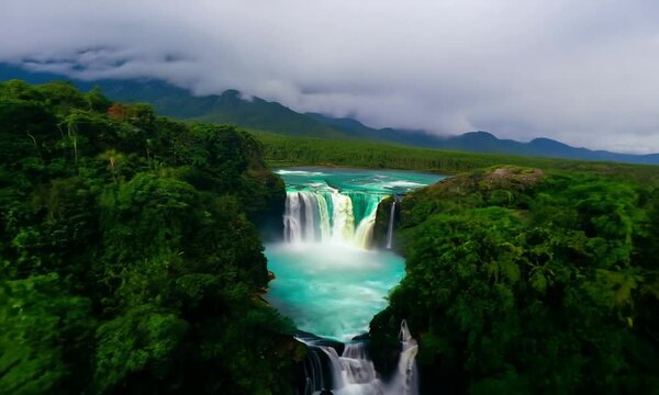 Aerial view of the beautiful Canaima tourist park, a paradise of the waterfalls and rainbow, exciting adventures in the water and jungle