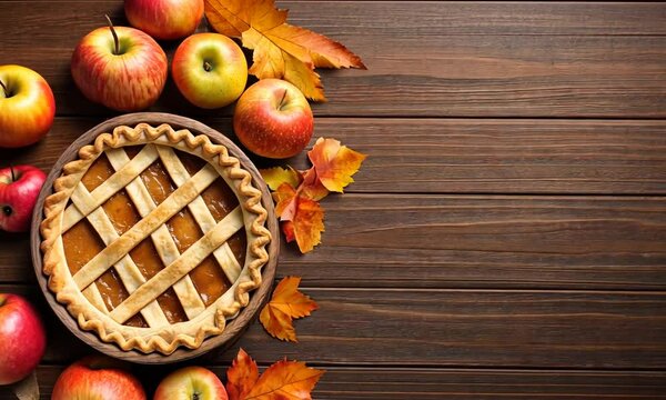 A beautifully arranged setting features a freshly baked apple pie surrounded by vibrant autumn leaves and ripe apples on a rustic wooden table. Perfect for fall gatherings