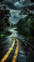 Fototapeta premium Winding road through a dark green forest under rain and clouds