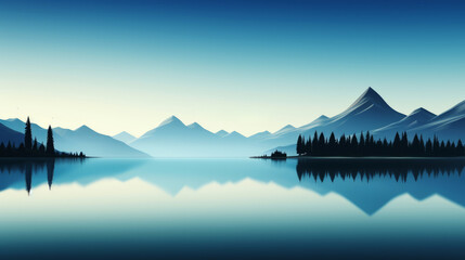 generated illustration of tranquil waters embracing the layered mountain silhouettes in a serene lakescape.