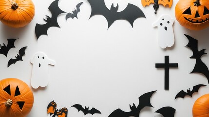 Halloween decorations with cutout pumpkin ghost bats and cross on white background