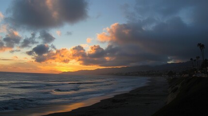 Fototapeta premium Serene sunset reflecting on gentle waves along the sandy beach at twilight