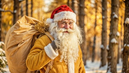 Jolly Santa Claus carrying a large sack on his back, smiling in a snowy forest during winter
