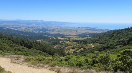 Naklejka premium Breathtaking coastal vista from the hills with rolling landscapes in California on a sunny day