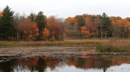Fototapeta premium Autumn reflections over a serene lake surrounded by vibrant fall foliage in a peaceful forest