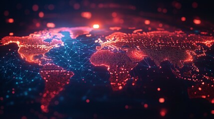 Obraz premium Digital World Map with Interconnected Nodes and Bright Lights