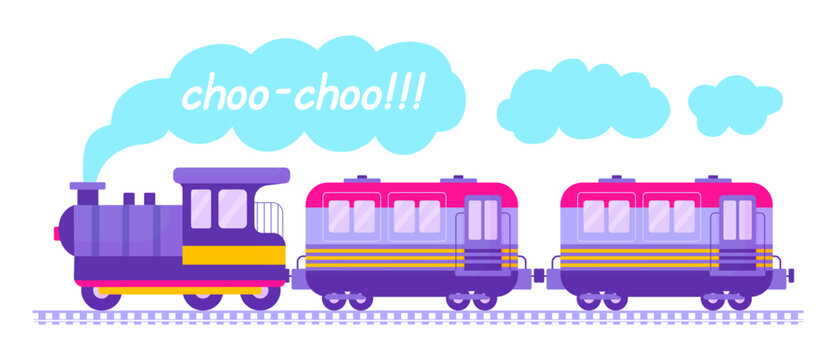 Cartoon toy train. Cute steam train with wagons and clouds hums choo-choo. Vibrant children poster railway. Transportation cute neoteric vector illustration