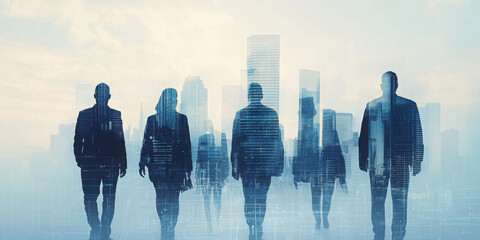 Group of multinational businesspeople and digital technology concept. Wide angle visual for banners or advertisements.
