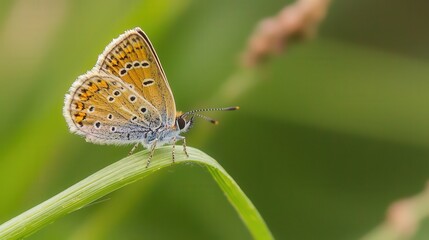 Obraz premium Delicate butterfly resting on a green leaf amidst vibrant summer flora