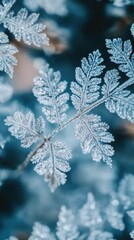 Intricate frost crystals on delicate fern leaves in soft blue hues during winter