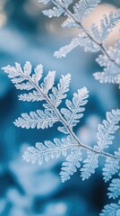 Frozen fern leaves adorned with intricate frost crystals in soft blue and white hues