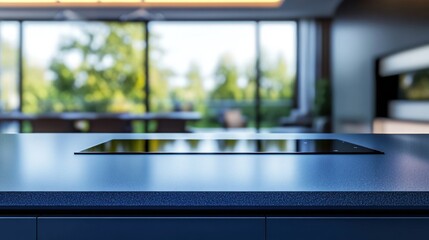 Modern kitchen countertop featuring a sleek cooktop with a view of greenery outside.