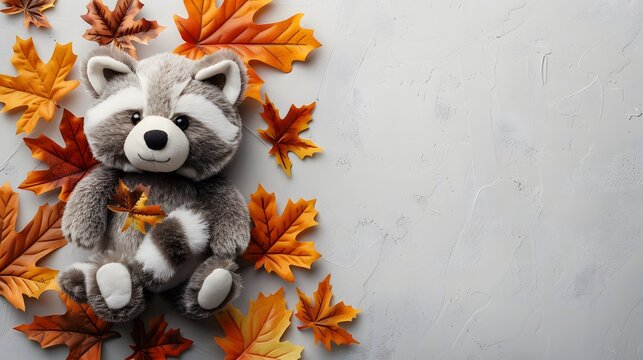 Plush raccoon toy surrounded by autumn leaves on a light textured background. Flat lay composition with copy space. Design for autumn-themed banners, children’s toy promotions, or seasonal marketing.