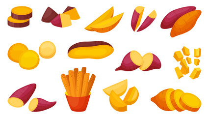 Sweet potato cartoon. Raw batata cut and slices, fried potatoes sticks. Fresh vegan food, agriculture harvest market vegetables neoteric vector elements