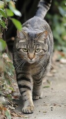 Obraz premium A curious tabby cat prowls through a lush garden path on a sunny afternoon stroll