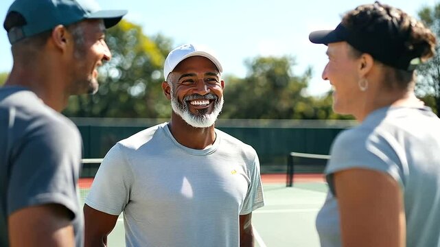 diverse group of friends sharing smiles and high-fives during a spirited game of pickleball, celebrating teamwork and friendship