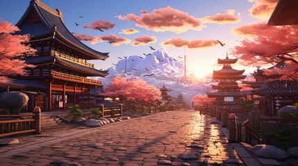 Fototapeta premium generated illustration of anime comic artstyle of japanese village city town in the morning