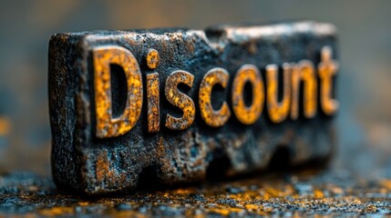 A rusted metal sign with the word Discount prominently displayed, highlighting the elements of industrial decay and marketing emphasis