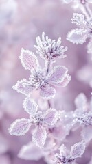 Naklejka premium Beautiful frozen lavender flowers adorned with delicate snowflakes in pastel hues